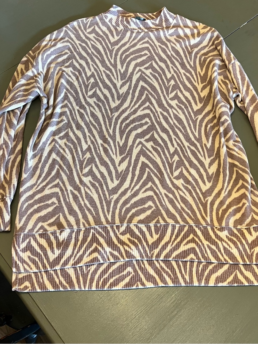 Wonderly Zebra-Print Crewneck Sweater in Taupe and Cream